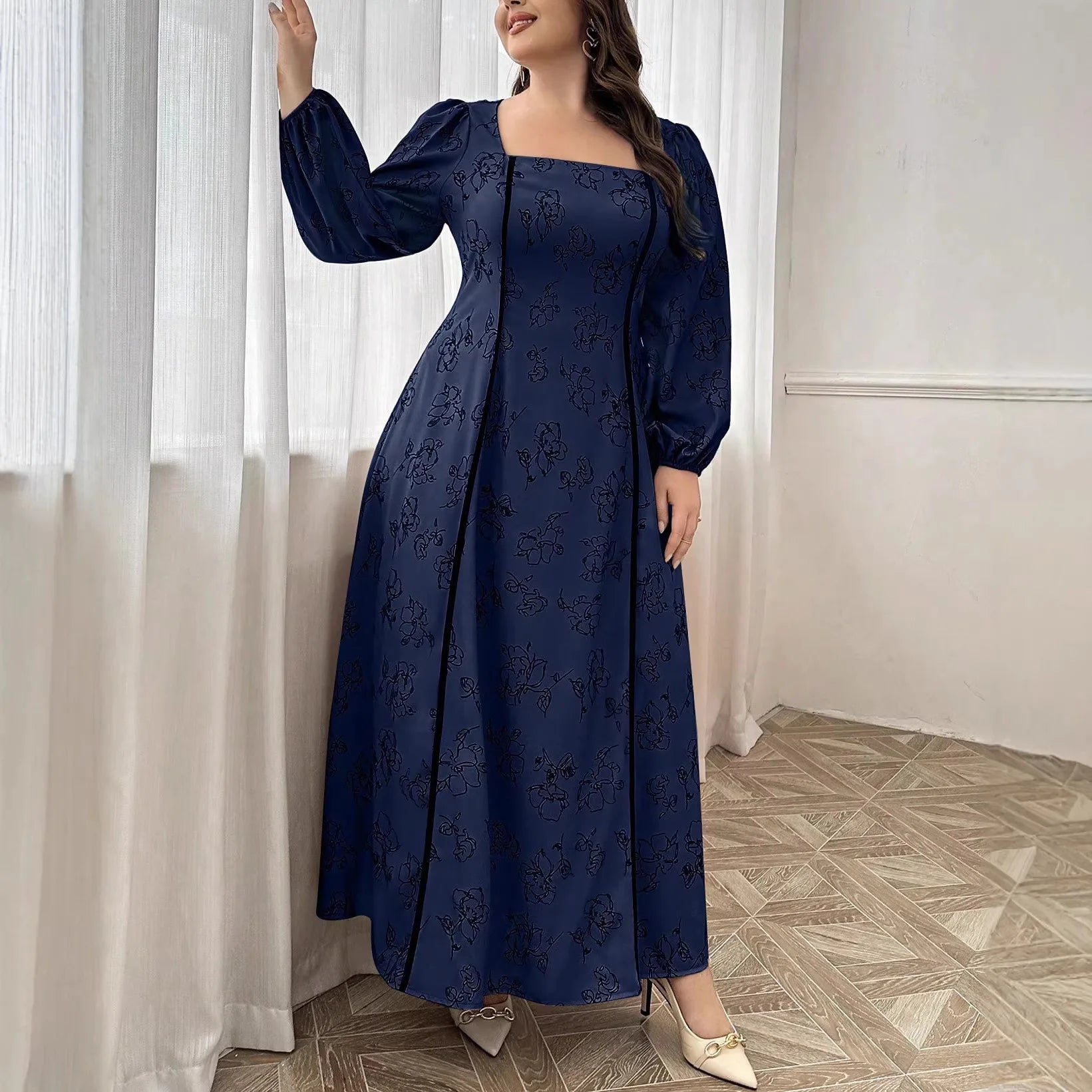 Elegant Blue Square Neck A-Line Maxi Dress
