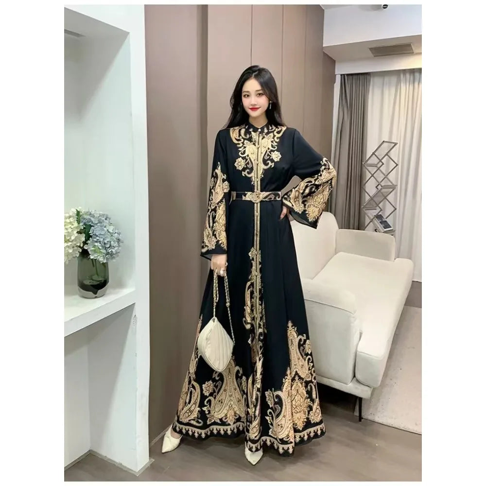 Chic Printed Maxi Dress – Flowy Sleeve & Belt Style