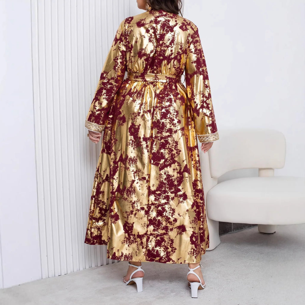 Plus Size Elegant V-Neck Long Sleeve Embossed Maxi Dress with Belt