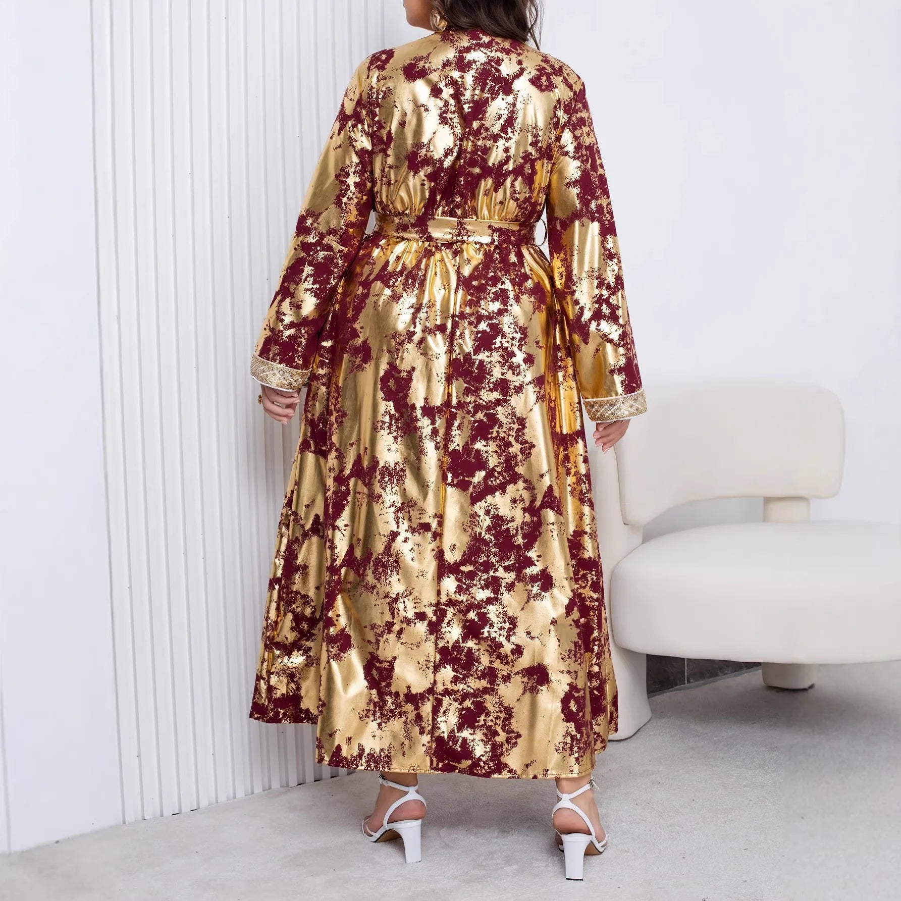 Plus Size Elegant V-Neck Long Sleeve Embossed Maxi Dress with Belt