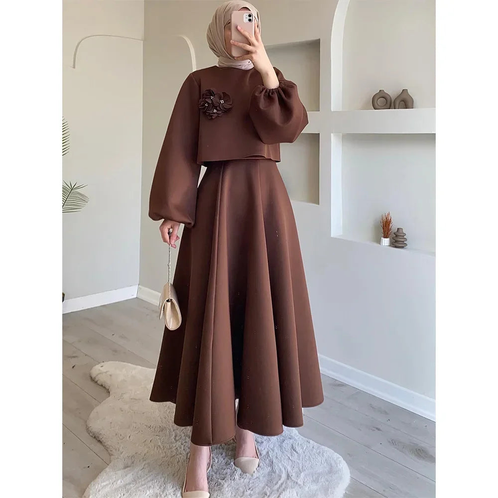 Elegant 2 Piece Skirt Set – Lantern Sleeve Top