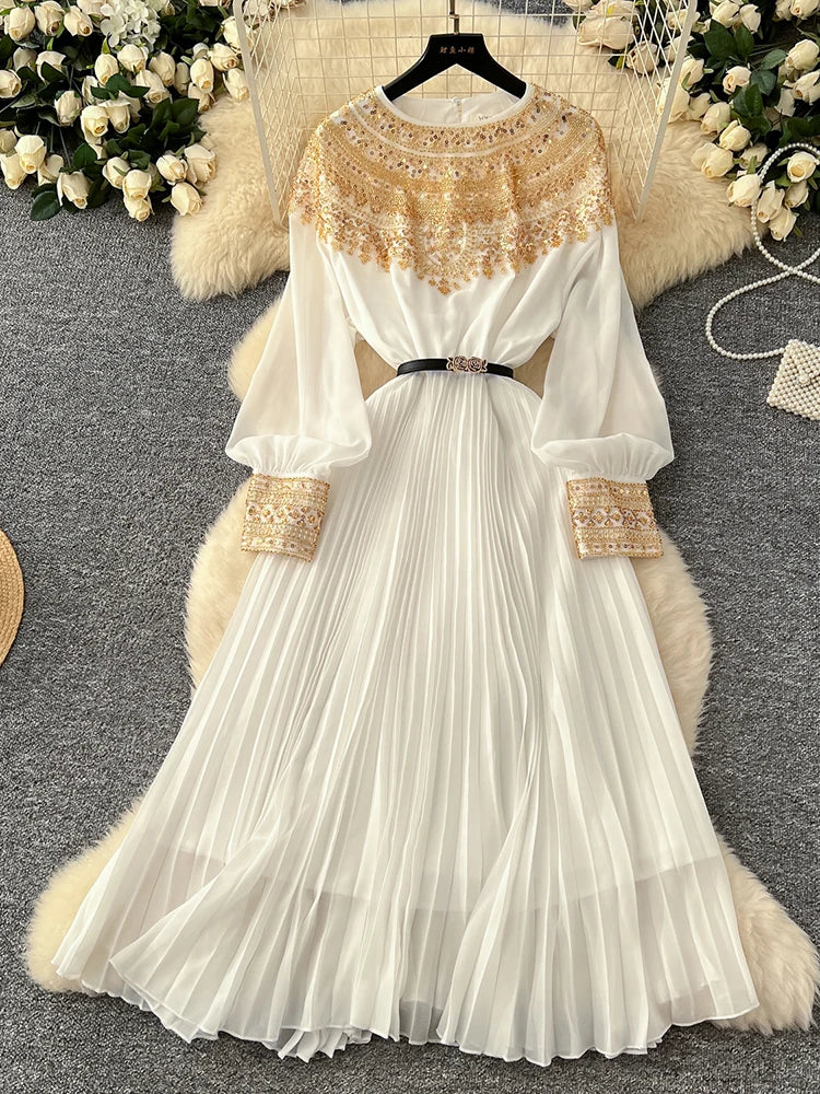 Elegant Sequin Long Sleeve Pleated Maxi Dress