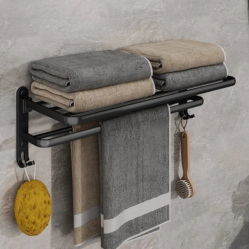 Matte Black Folding Towel Rack with Hook – 50cm