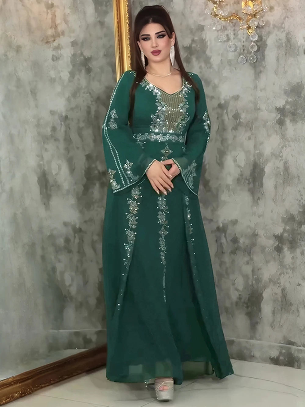 Elegant Ruffle Sleeve Chiffon Evening Dress