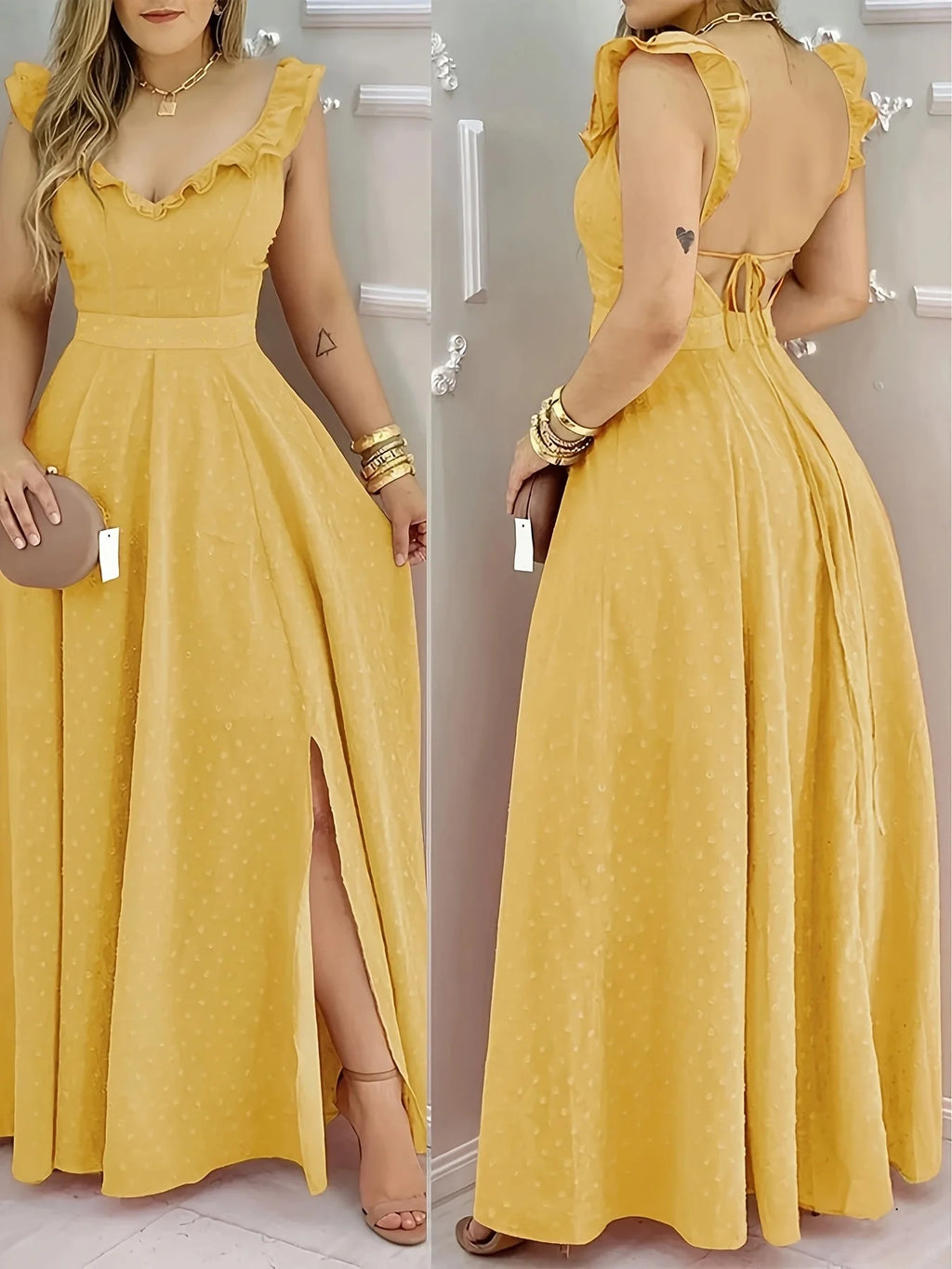 Yellow Polka Dot Maxi Dress with Ruffle Neck & Side Slit