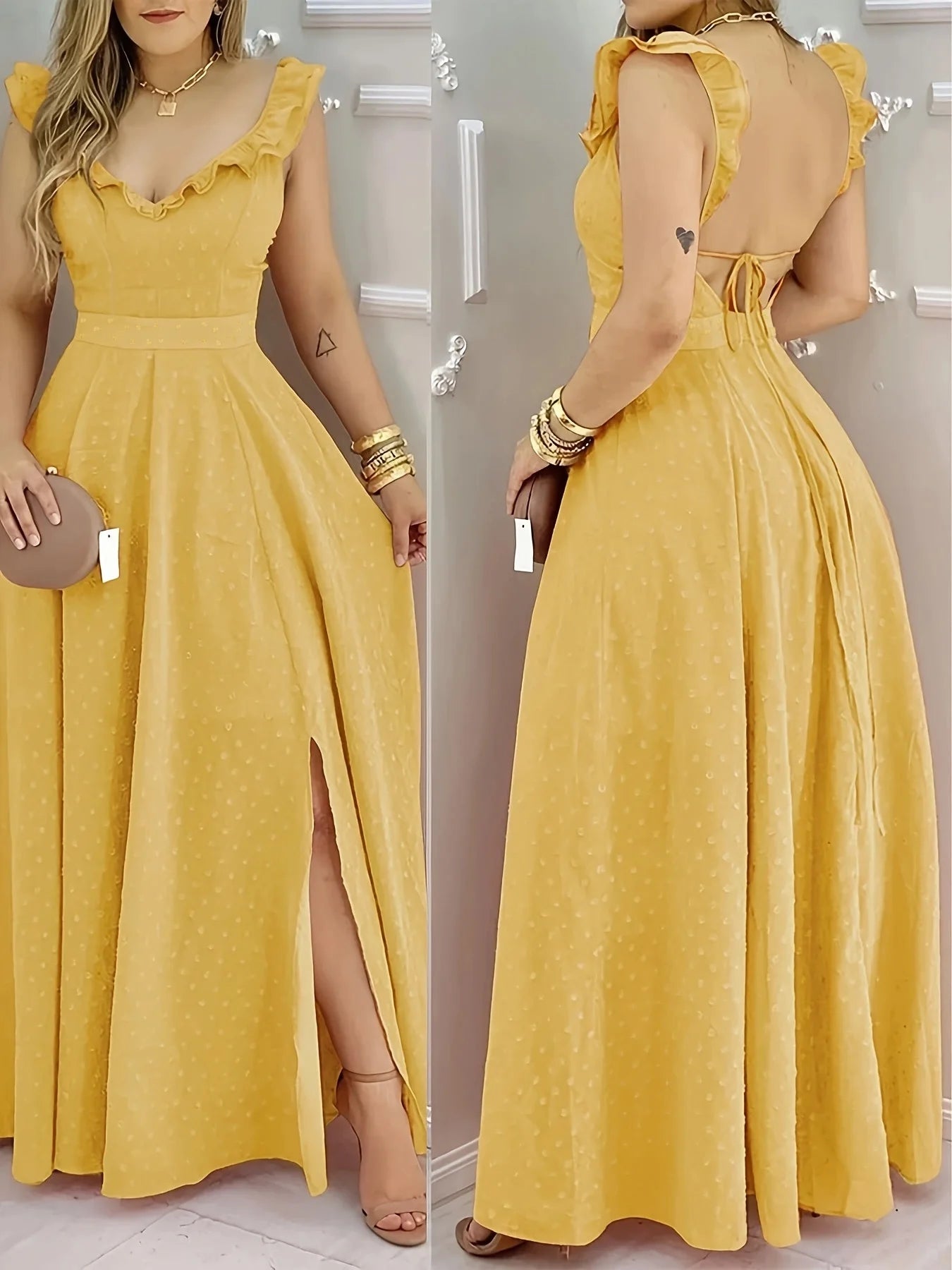 Yellow Polka Dot Maxi Dress with Ruffle Neck & Side Slit