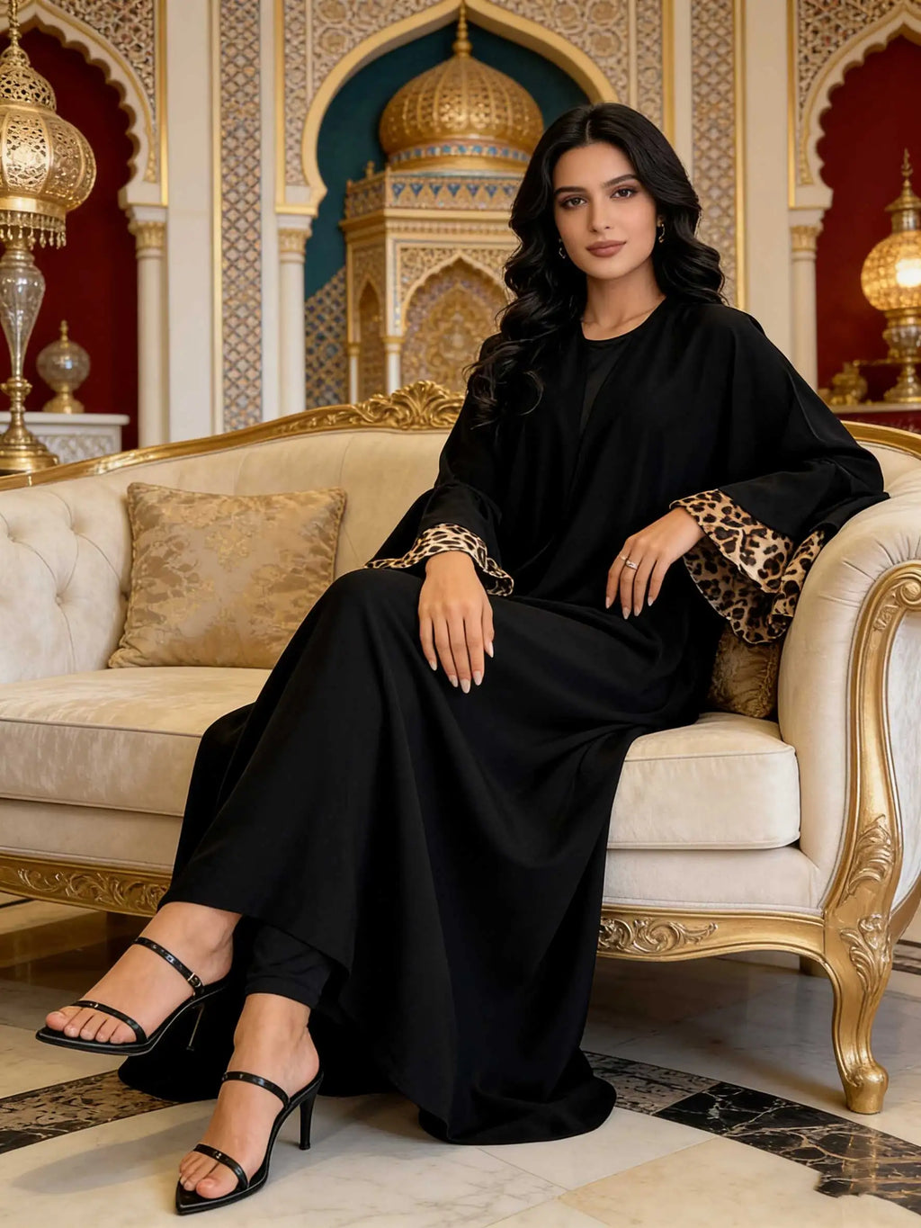 Black Open Abaya with Leopard Print Layered Sleeves