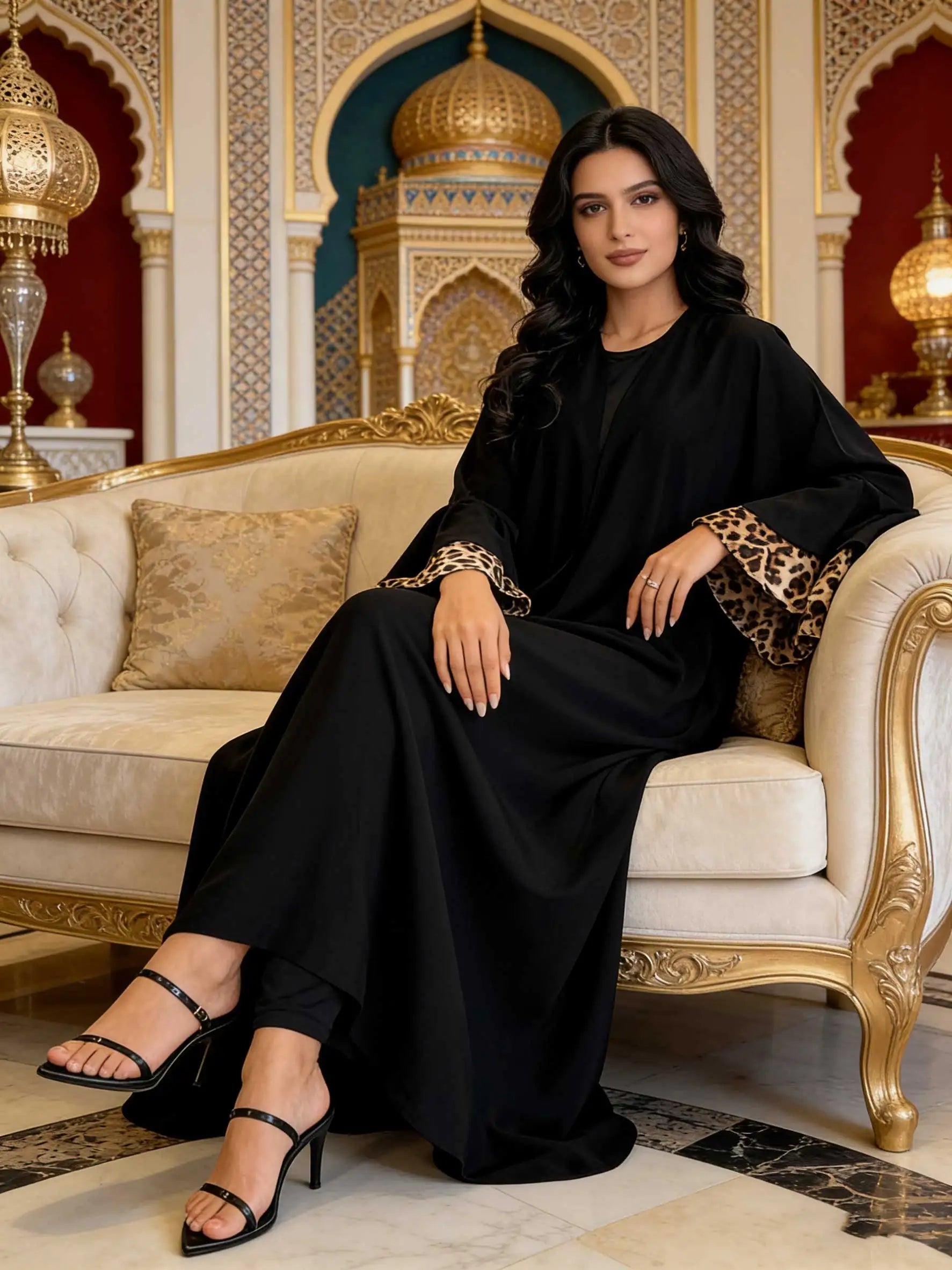 Black Open Abaya with Leopard Print Layered Sleeves