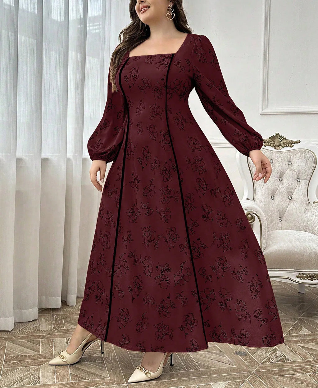 Elegant Blue Square Neck A-Line Maxi Dress