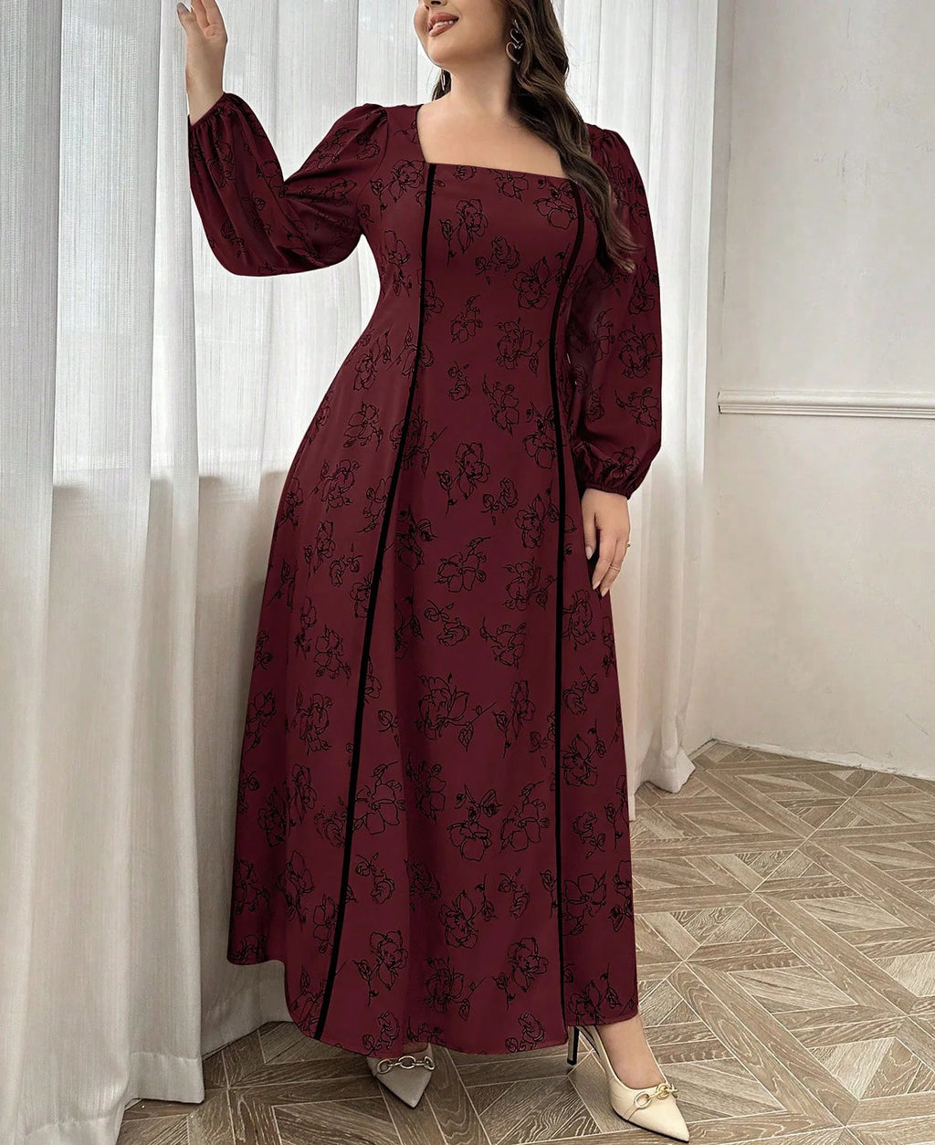 Elegant Blue Square Neck A-Line Maxi Dress