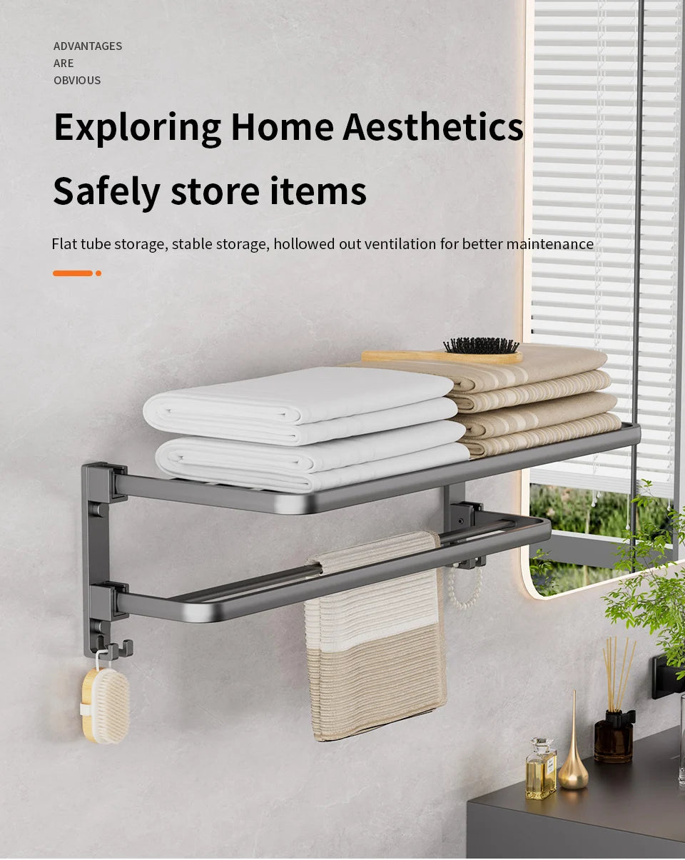 Matte Black Folding Towel Rack with Hook – 50cm