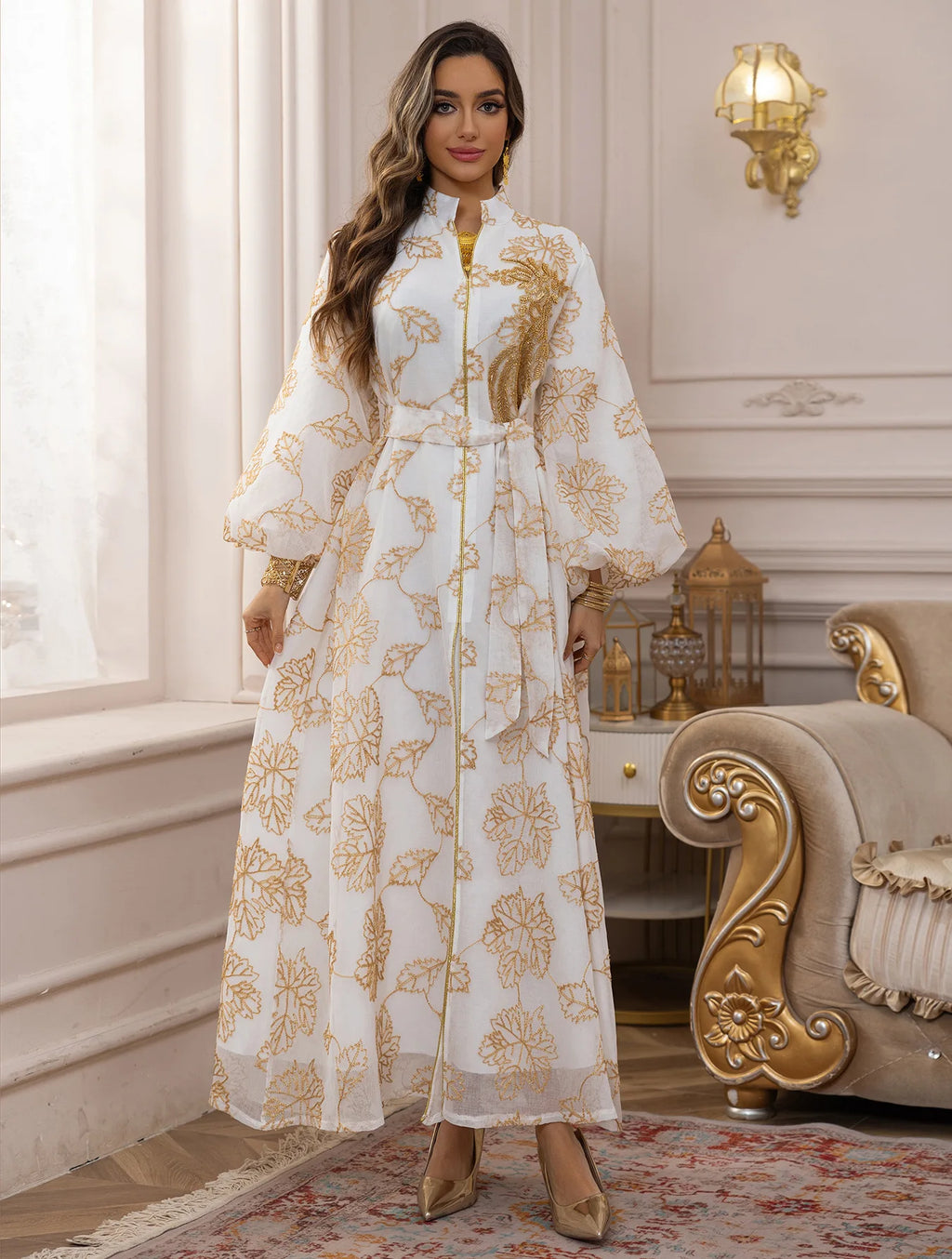 Abaya Blanche Royale Broderie Or