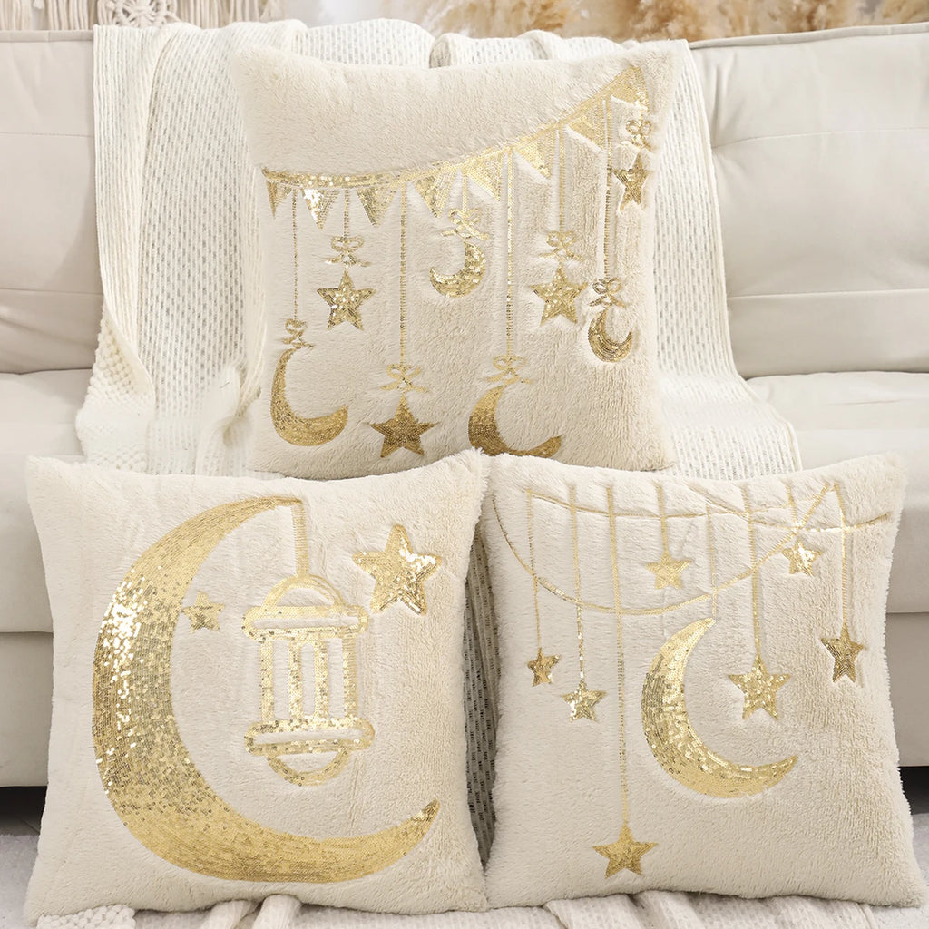 Housse de Coussin Ramadan Luxe – Croissant & Étoiles Dorés
