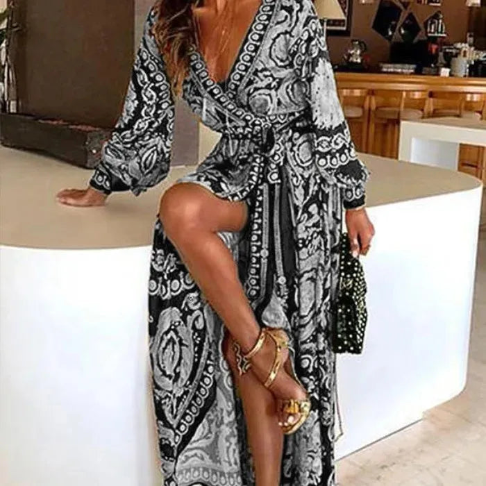 Elegant V-Neck Long Sleeve Side Slit Dress