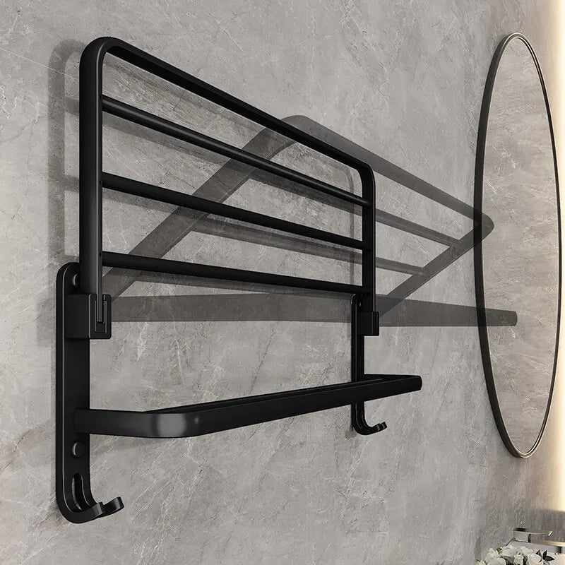 Matte Black Folding Towel Rack with Hook – 50cm