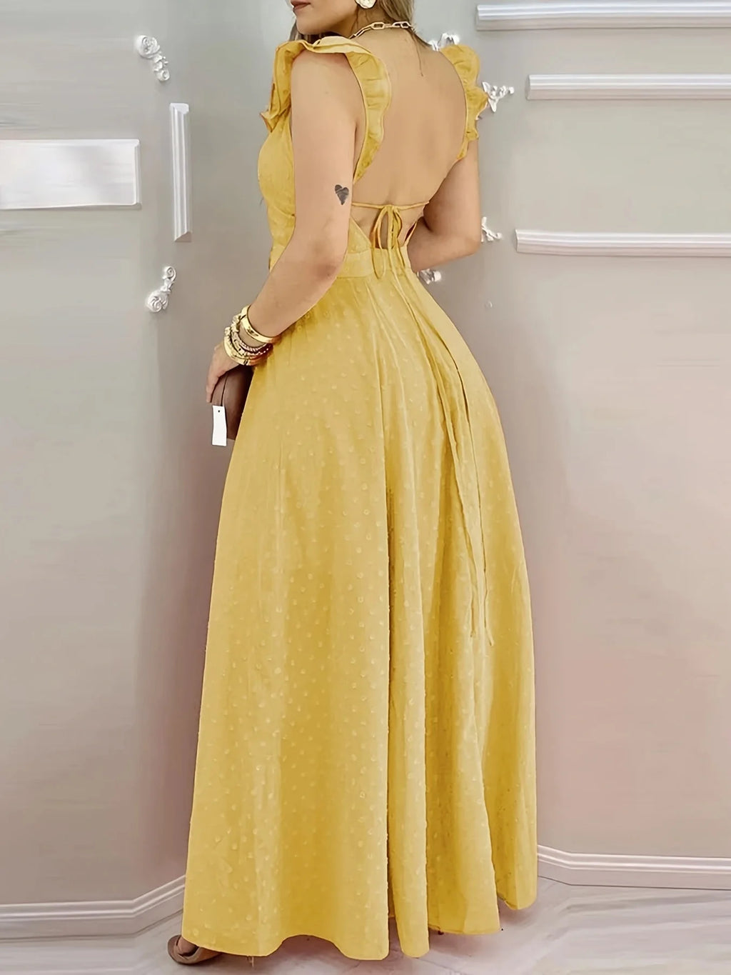 Yellow Polka Dot Maxi Dress with Ruffle Neck & Side Slit