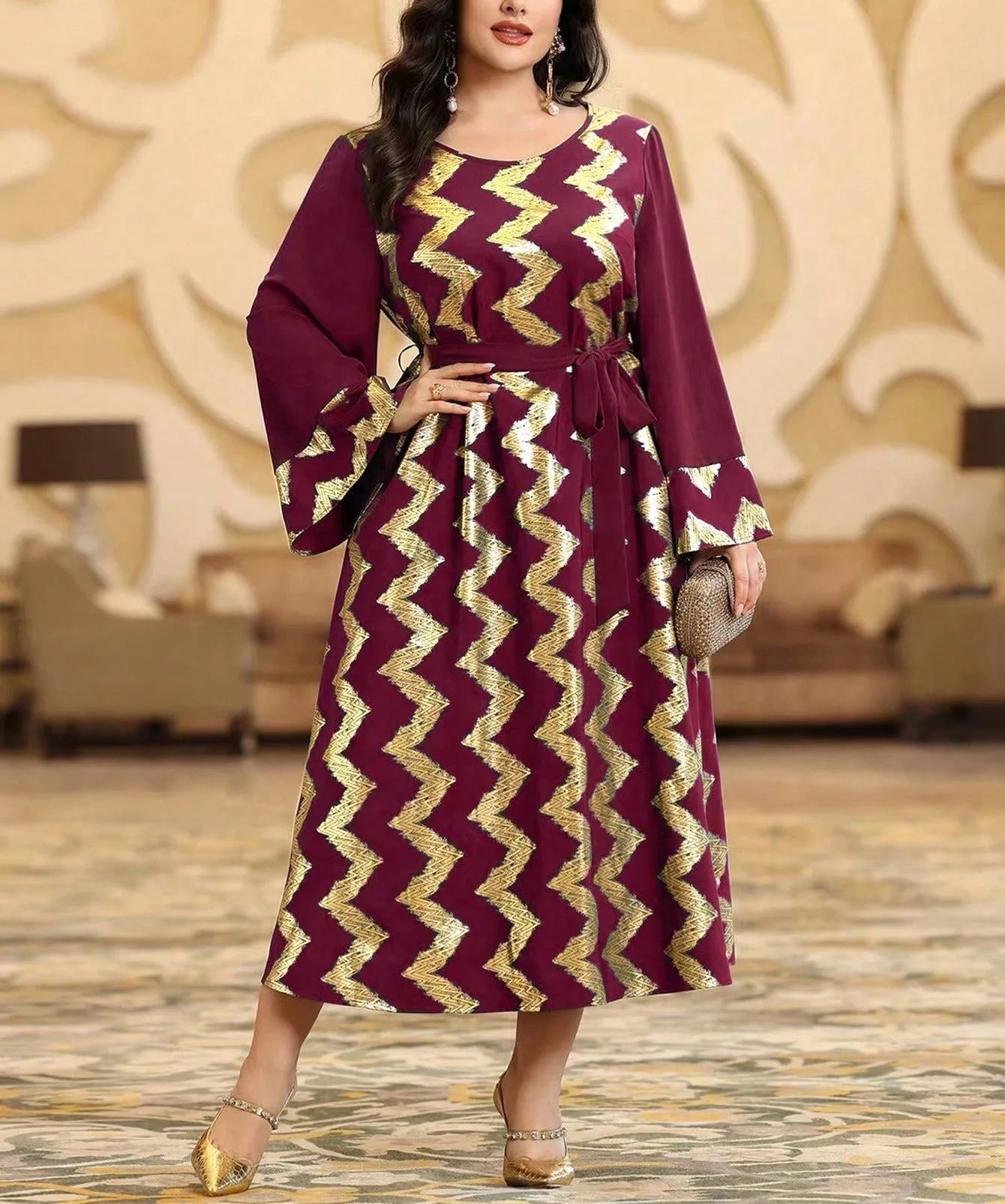 Elegant Plus Size Gold Pattern Maxi Dress