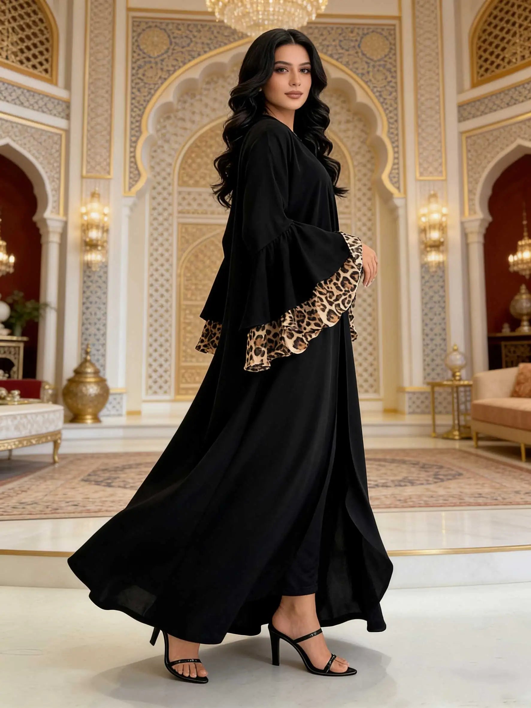 Black Open Abaya with Leopard Print Layered Sleeves