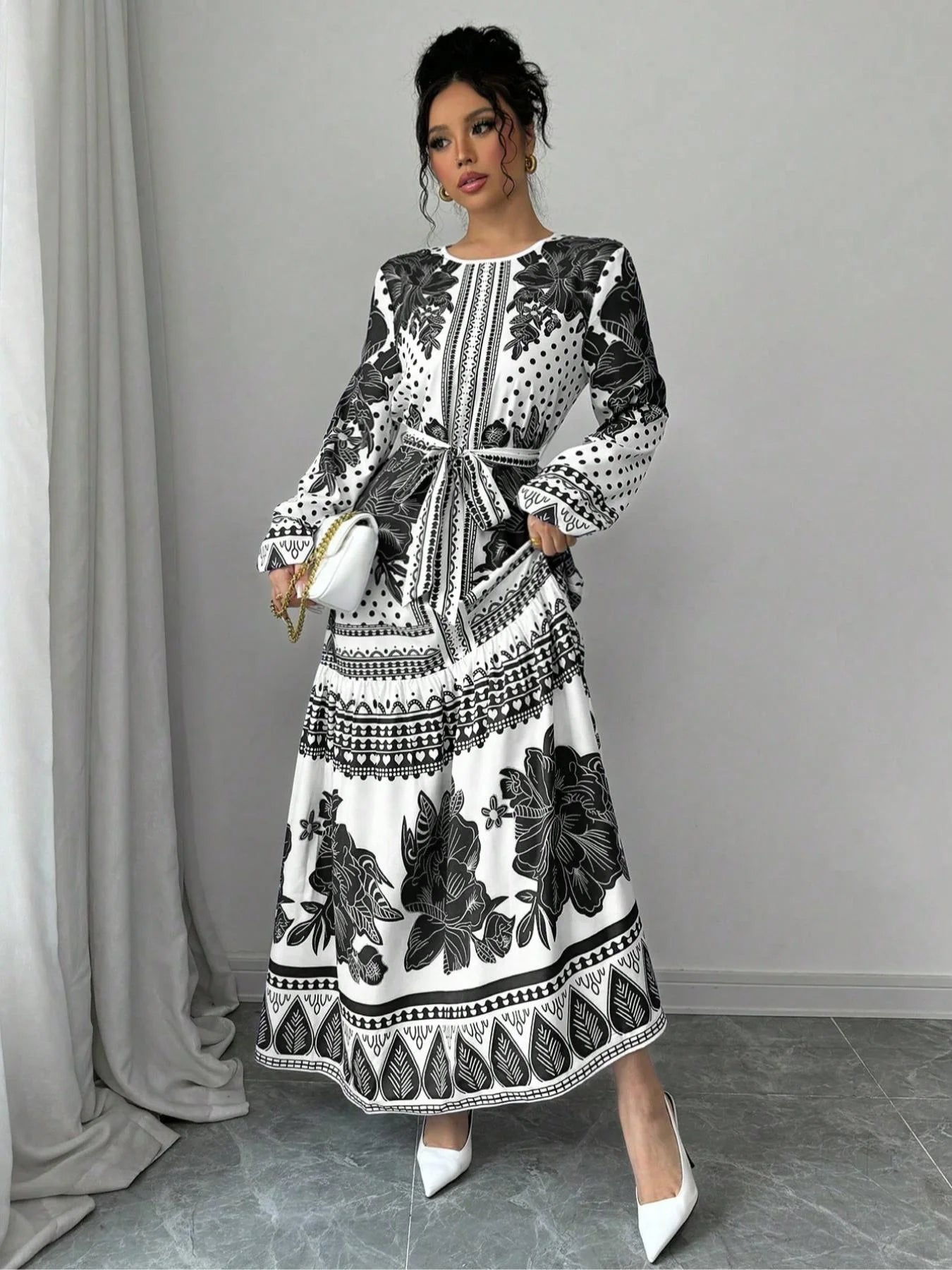 Floral Belted Long Sleeve Midi Dress – Elegant Casual Style
