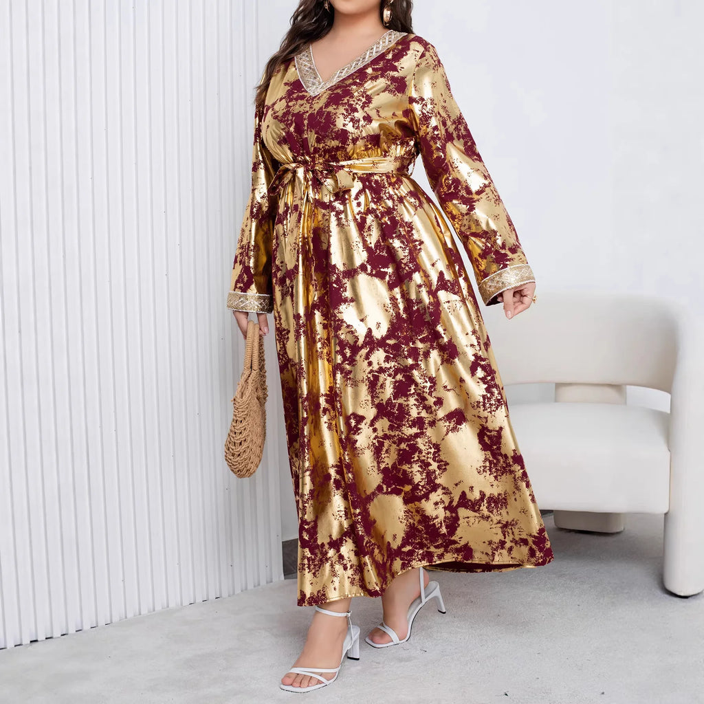 Plus Size Elegant V-Neck Long Sleeve Embossed Maxi Dress with Belt