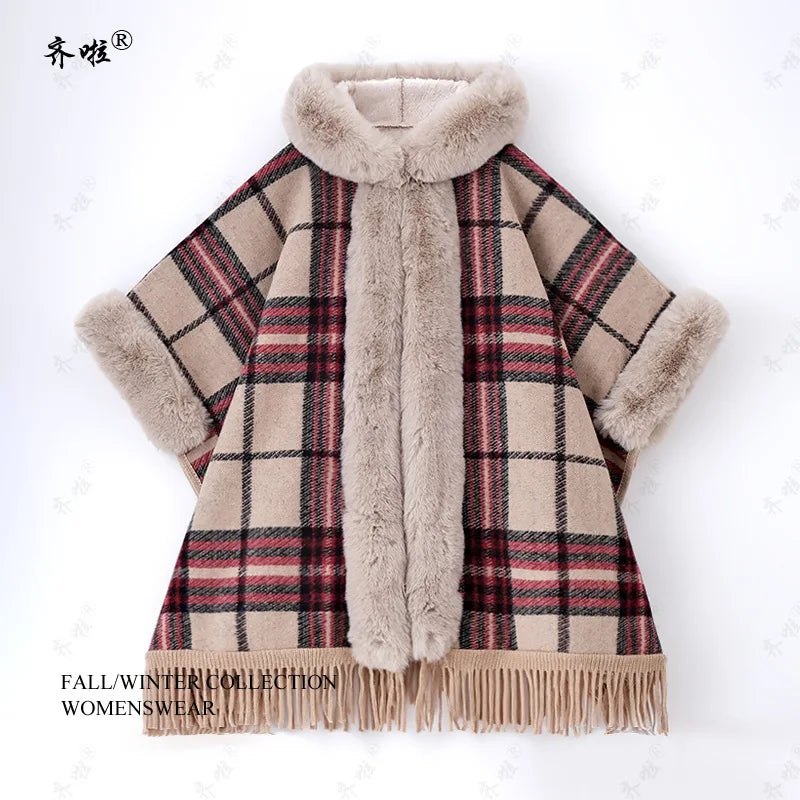 Poncho Femme Élégant à Carreaux avec Capuche en Fausse Fourrure