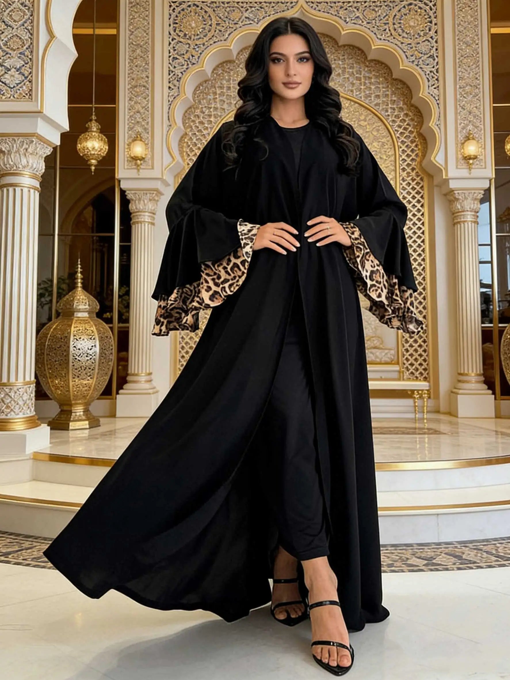Black Open Abaya with Leopard Print Layered Sleeves
