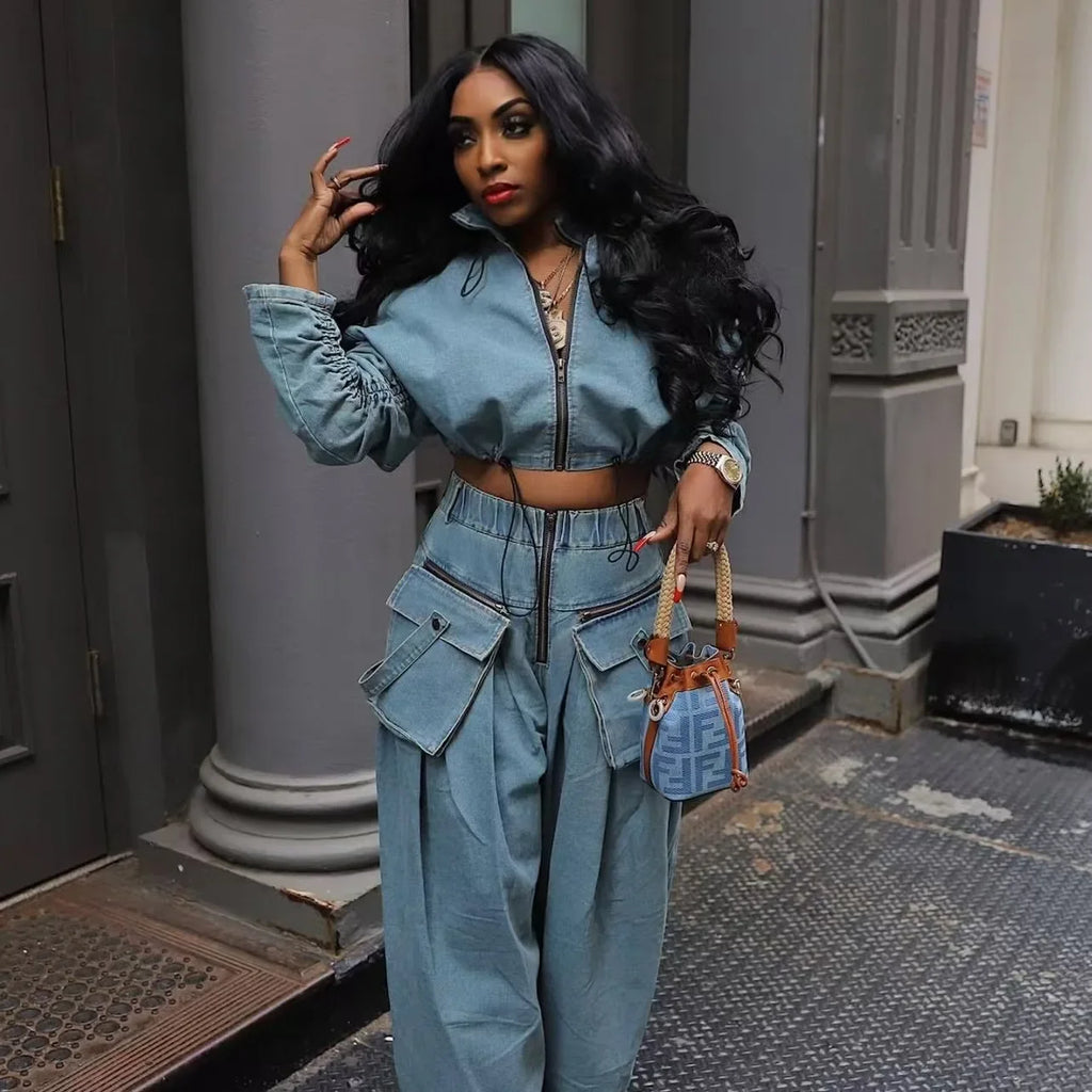 Retro Denim 2 Piece Set – Wide Leg Pants & Top