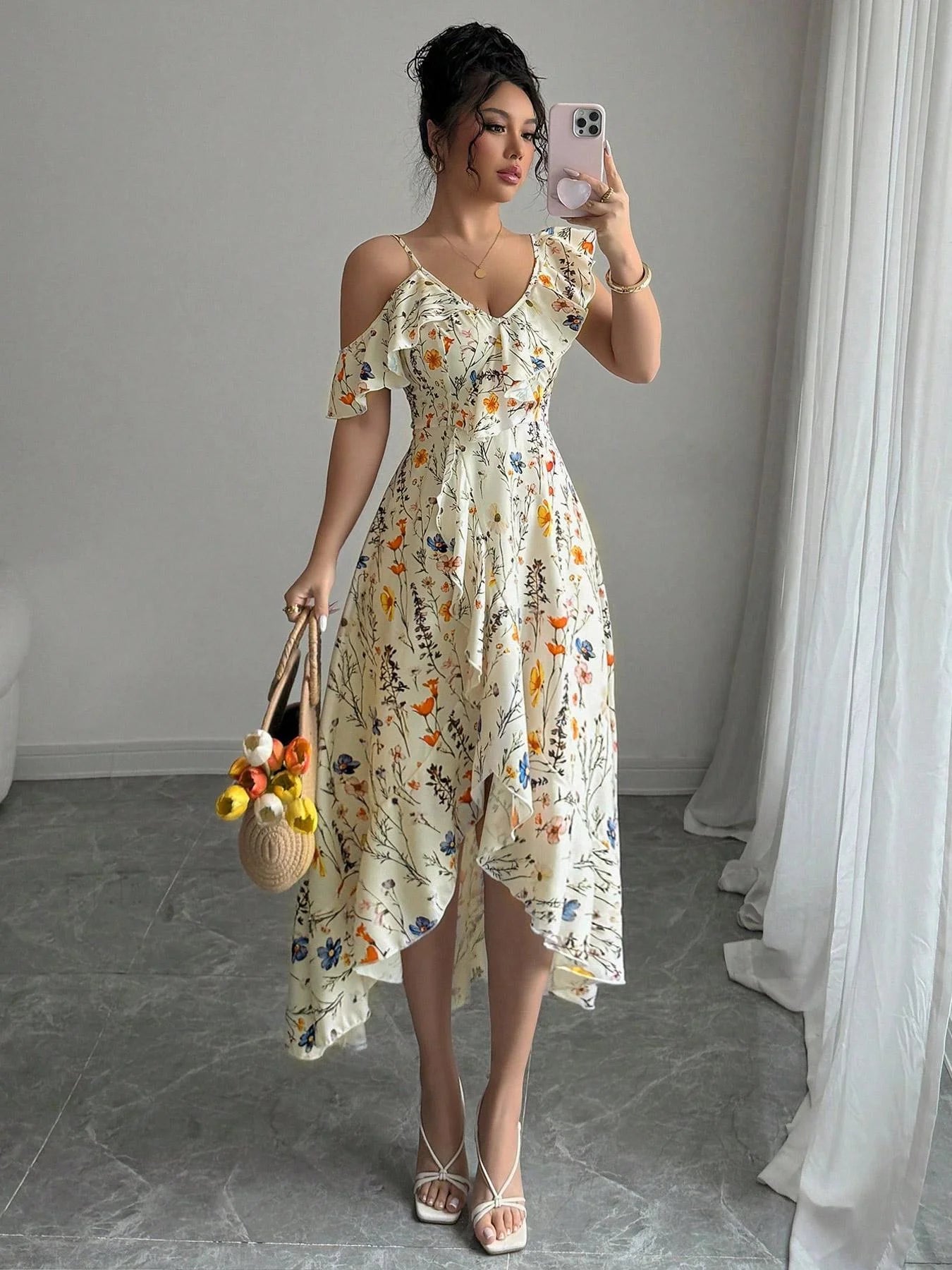 Floral Off-Shoulder Boho Midi Dress – Summer Style