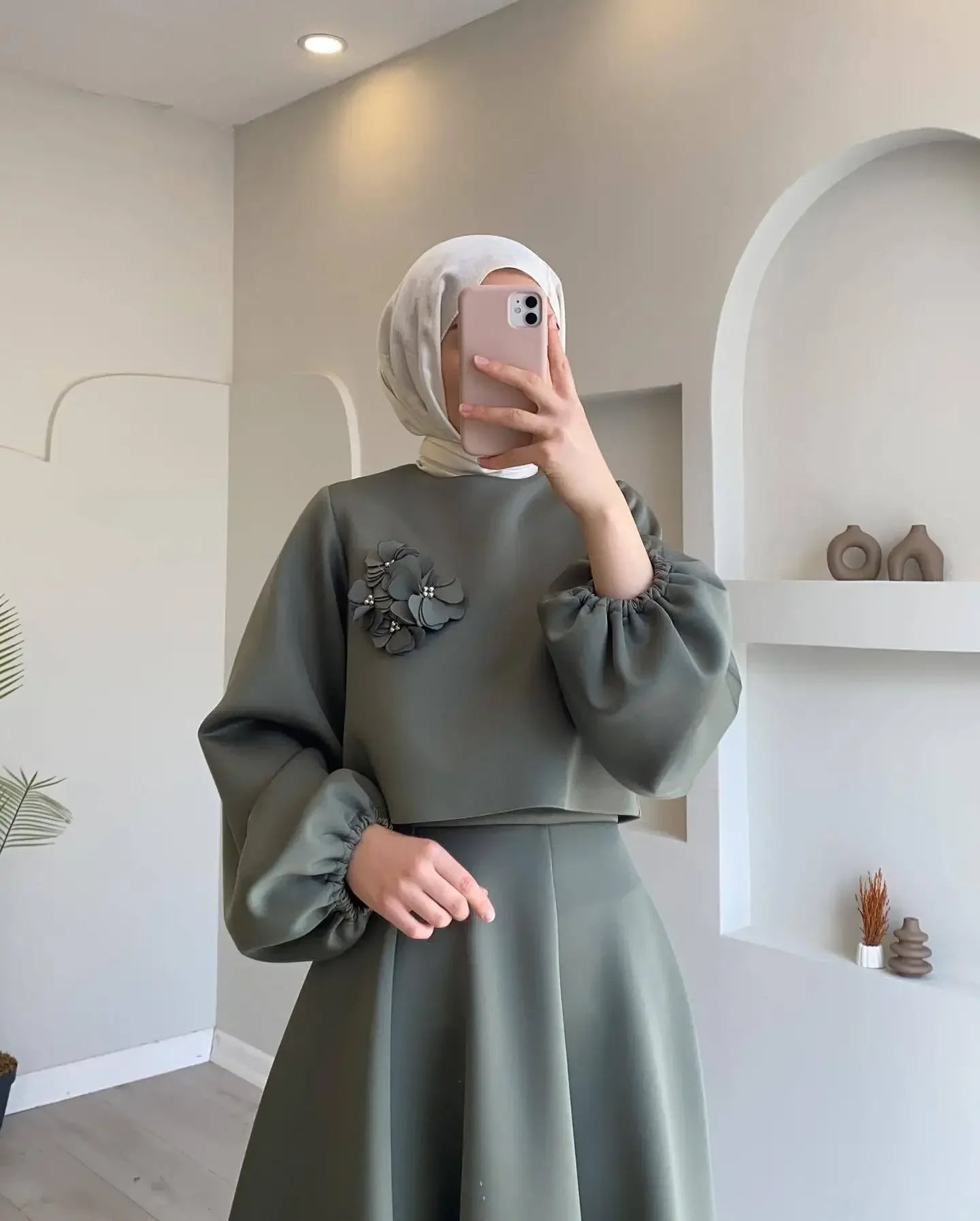 Elegant 2 Piece Skirt Set – Lantern Sleeve Top