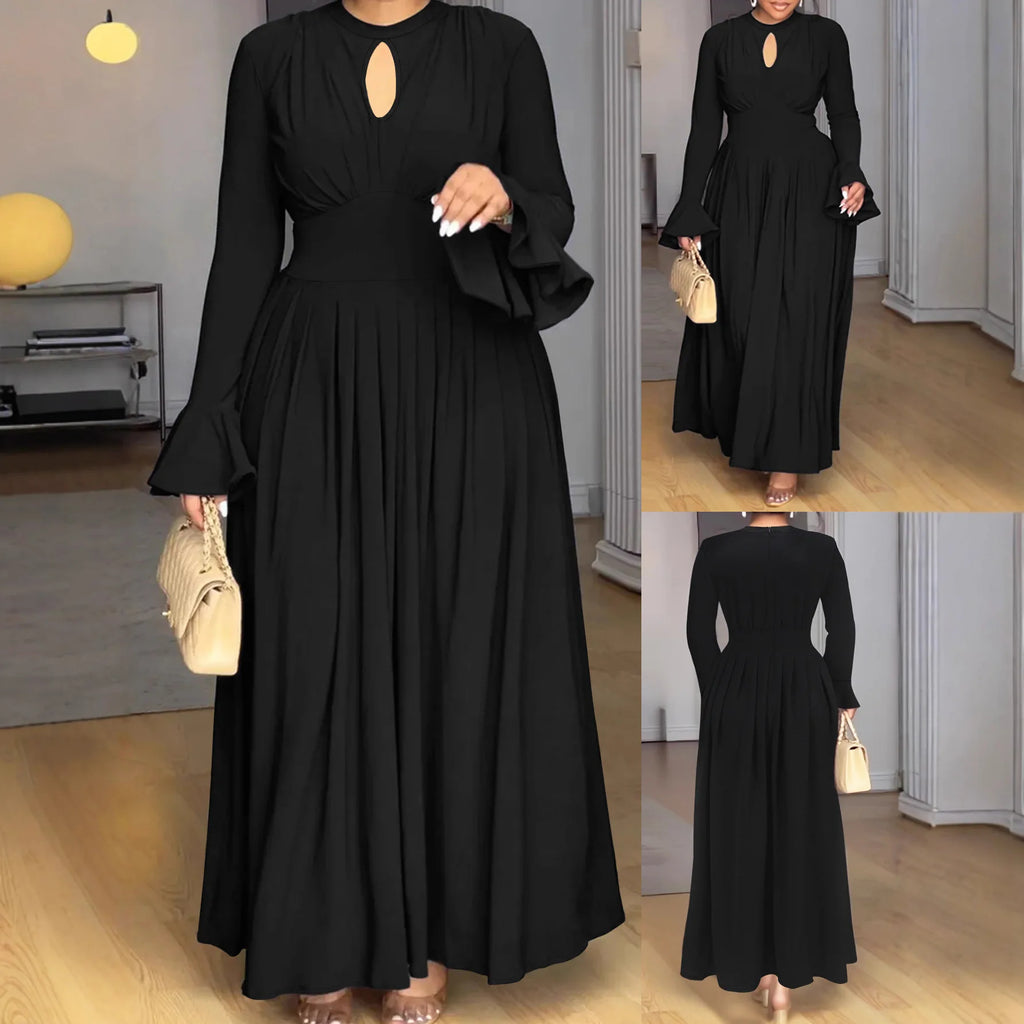 Plus Size Elegant Black Long Sleeve Midi Dress