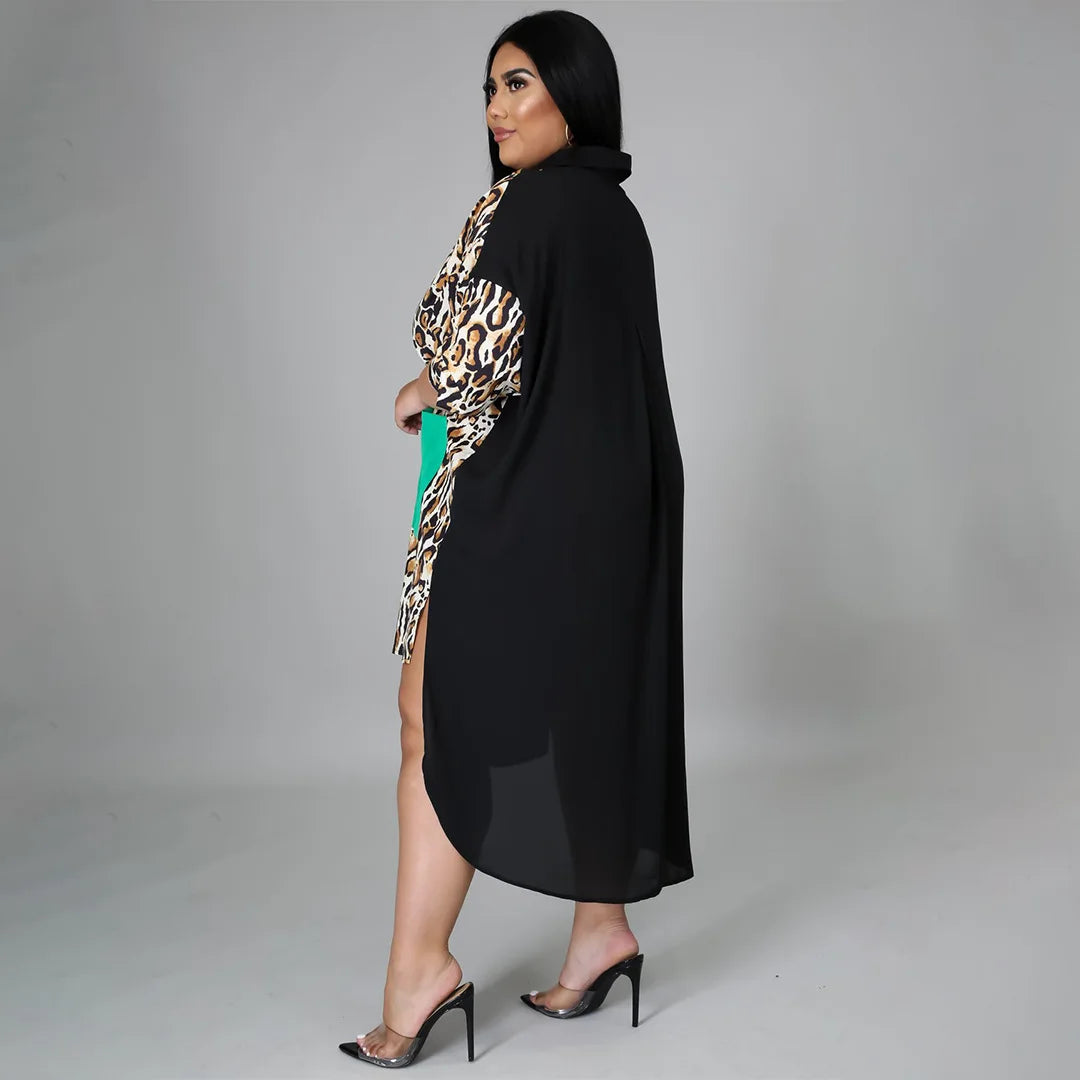 Plus Size Leopard Print Sleeveless Dress with Side Slit