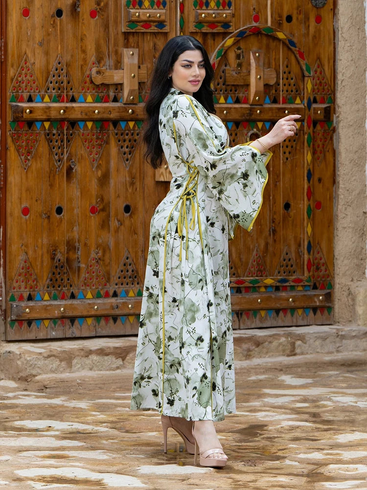 Elegant Printed Slit Maxi Dress with Flared Sleeves