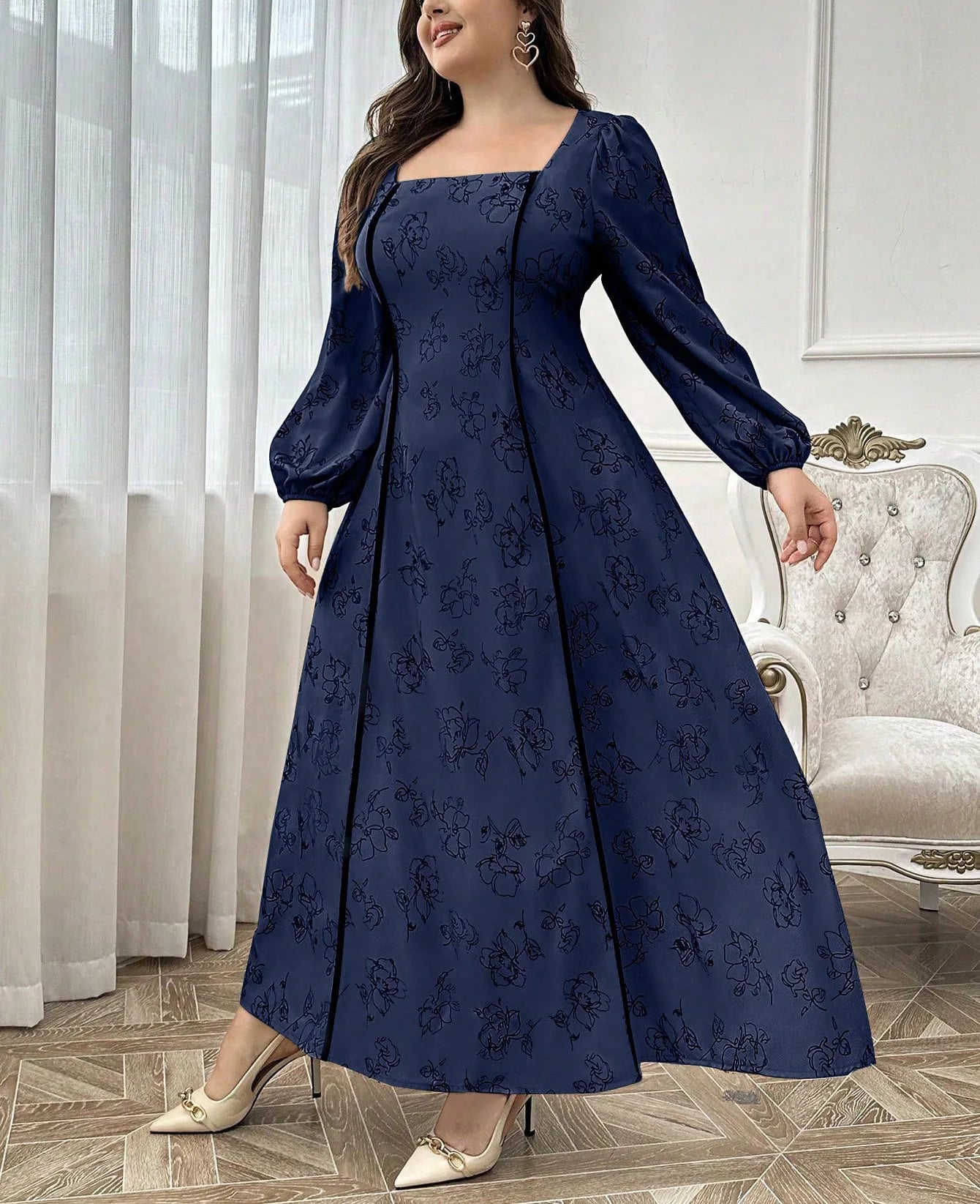 Elegant Blue Square Neck A-Line Maxi Dress