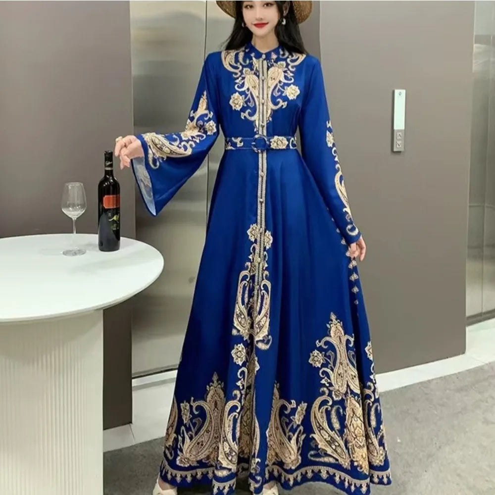 Chic Printed Maxi Dress – Flowy Sleeve & Belt Style