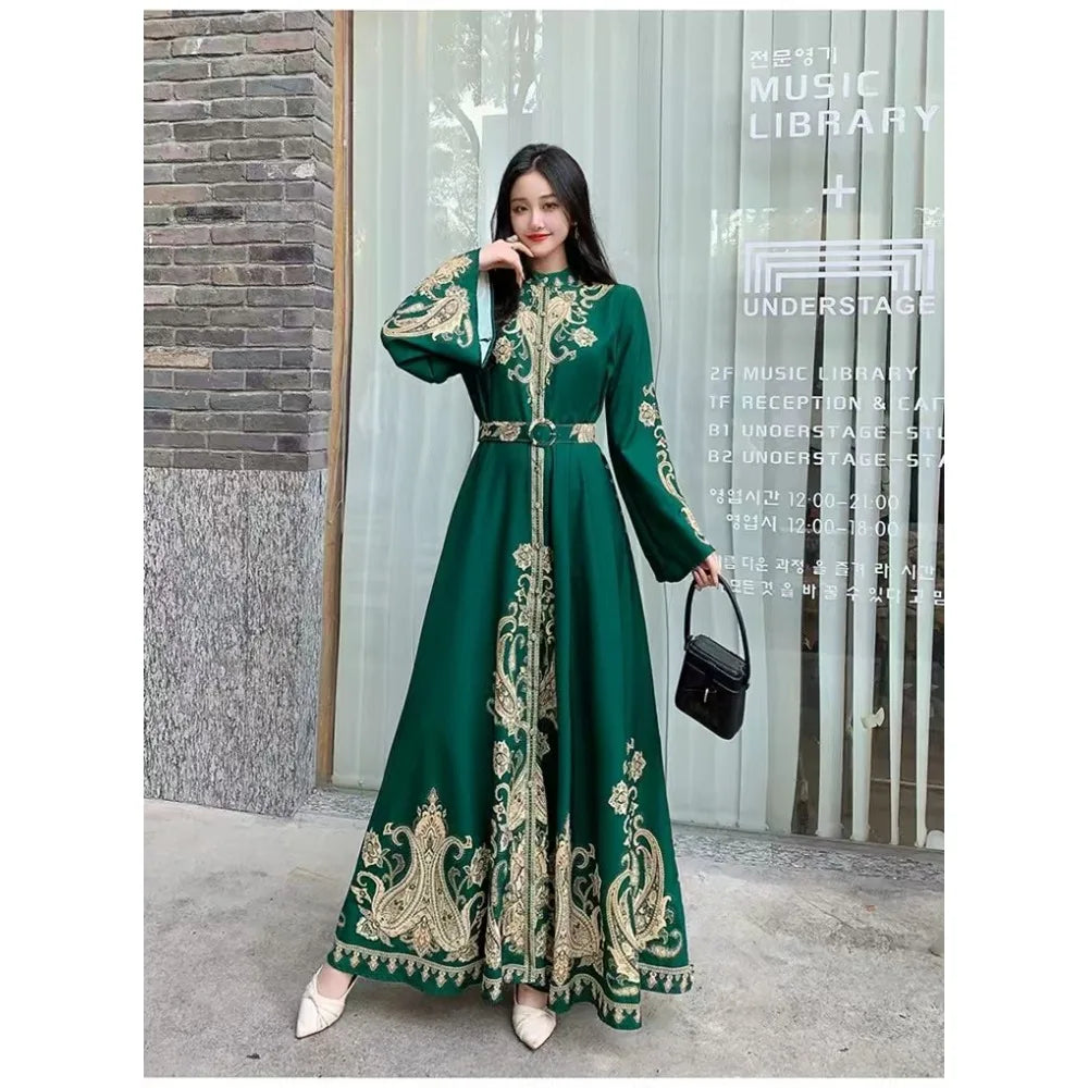 Chic Printed Maxi Dress – Flowy Sleeve & Belt Style