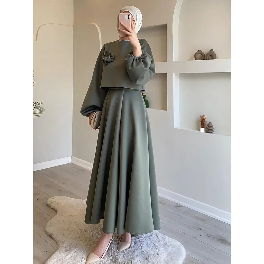 Elegant 2 Piece Skirt Set – Lantern Sleeve Top