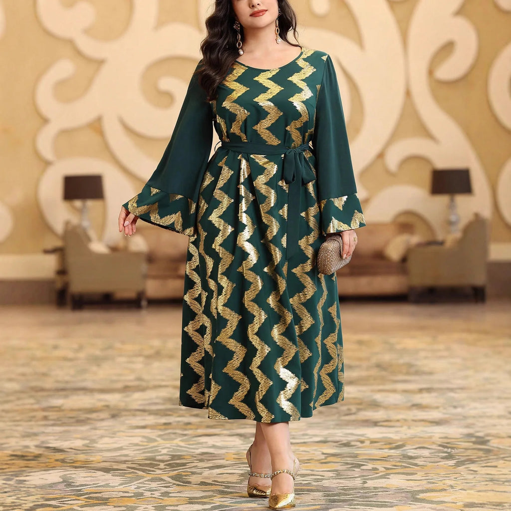 Elegant Plus Size Gold Pattern Maxi Dress