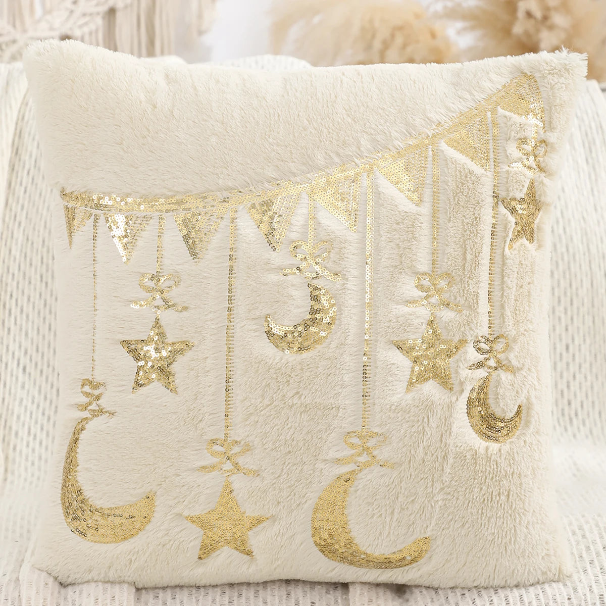 Housse de Coussin Ramadan Luxe – Croissant & Étoiles Dorés