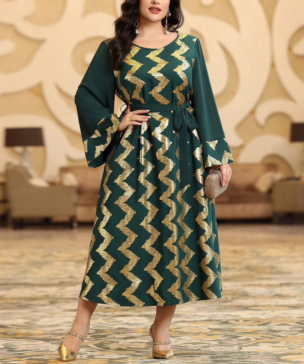 Elegant Plus Size Gold Pattern Maxi Dress