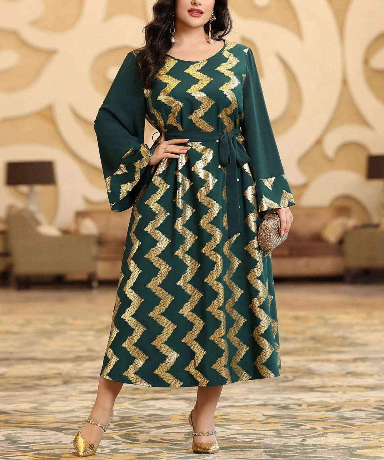 Elegant Plus Size Gold Pattern Maxi Dress