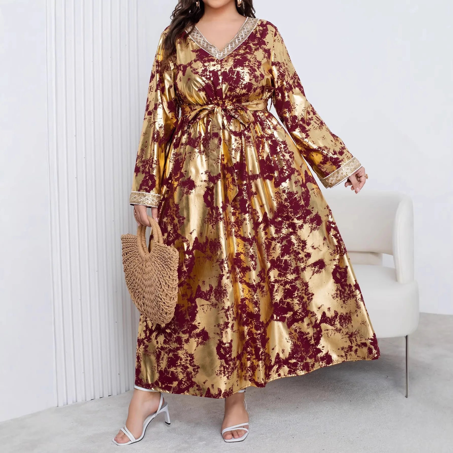 Plus Size Elegant V-Neck Long Sleeve Embossed Maxi Dress with Belt