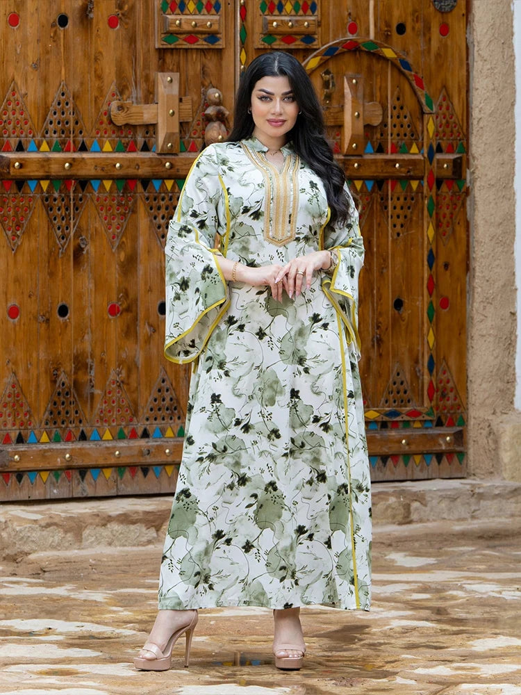 Elegant Printed Slit Maxi Dress with Flared Sleeves