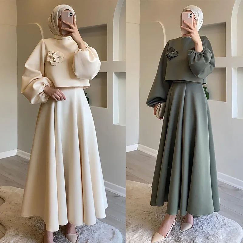 Elegant 2 Piece Skirt Set – Lantern Sleeve Top