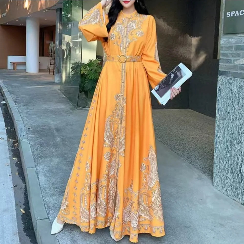 Chic Printed Maxi Dress – Flowy Sleeve & Belt Style