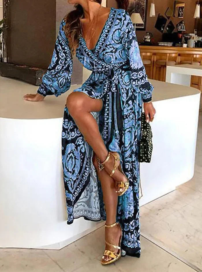 Elegant V-Neck Long Sleeve Side Slit Dress