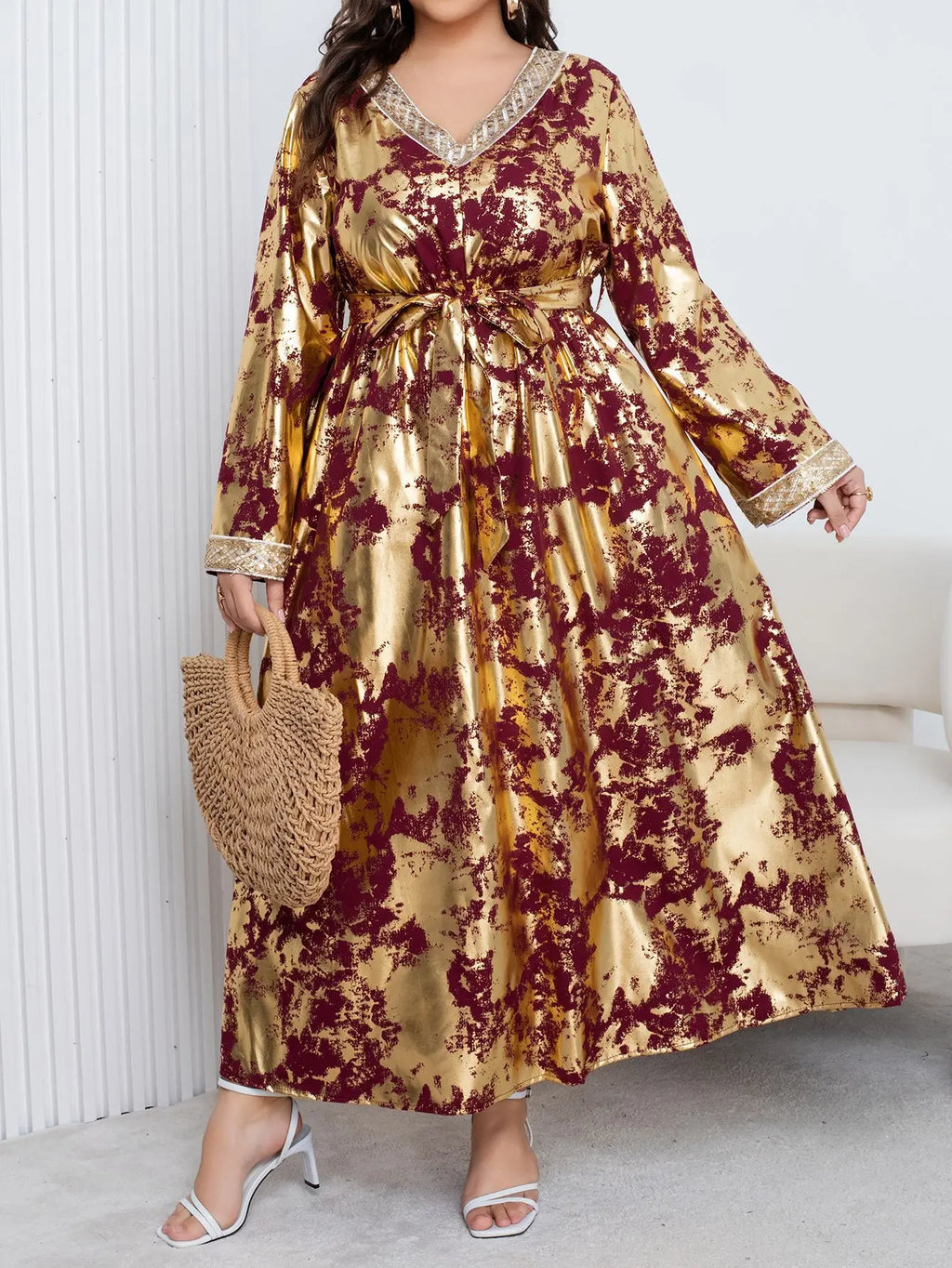 Plus Size Elegant V-Neck Long Sleeve Embossed Maxi Dress with Belt