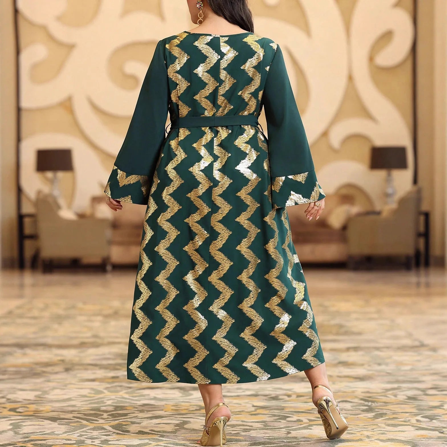 Elegant Plus Size Gold Pattern Maxi Dress