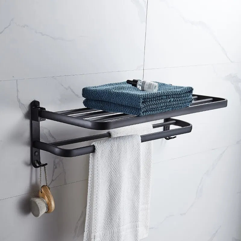 Matte Black Folding Towel Rack with Hook – 50cm
