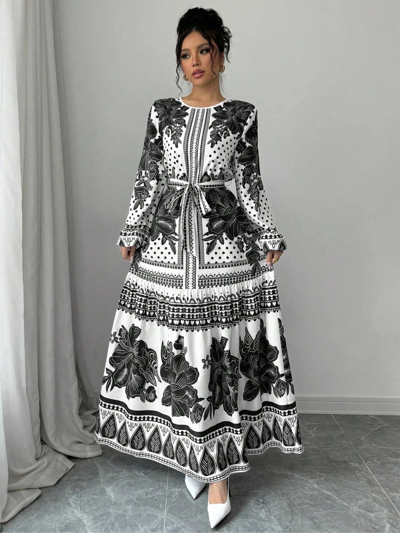 Floral Belted Long Sleeve Midi Dress – Elegant Casual Style