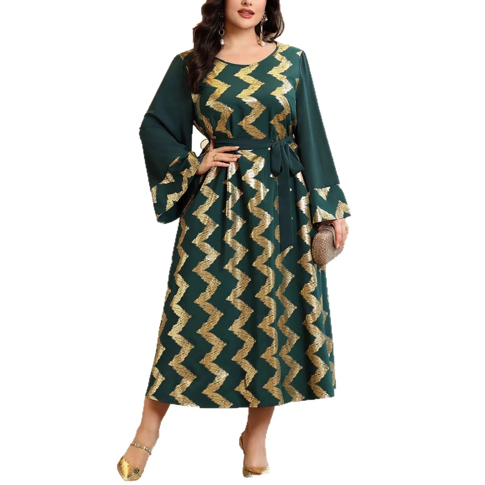 Elegant Plus Size Gold Pattern Maxi Dress